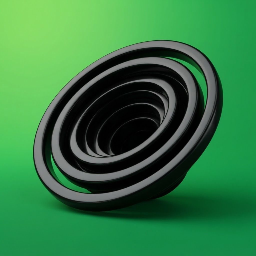Five glossy black rings descending as a funnel into darkness