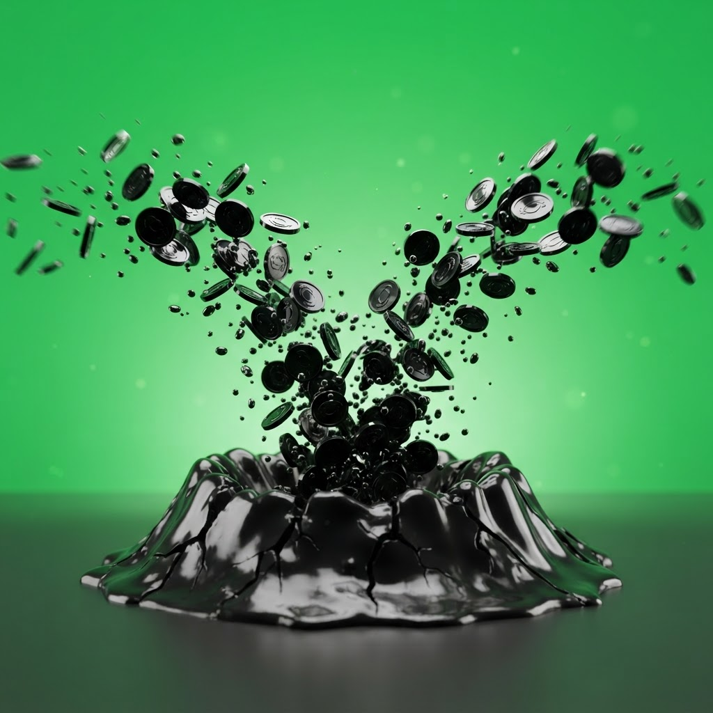 A glossy black crater erupting with coins flying out